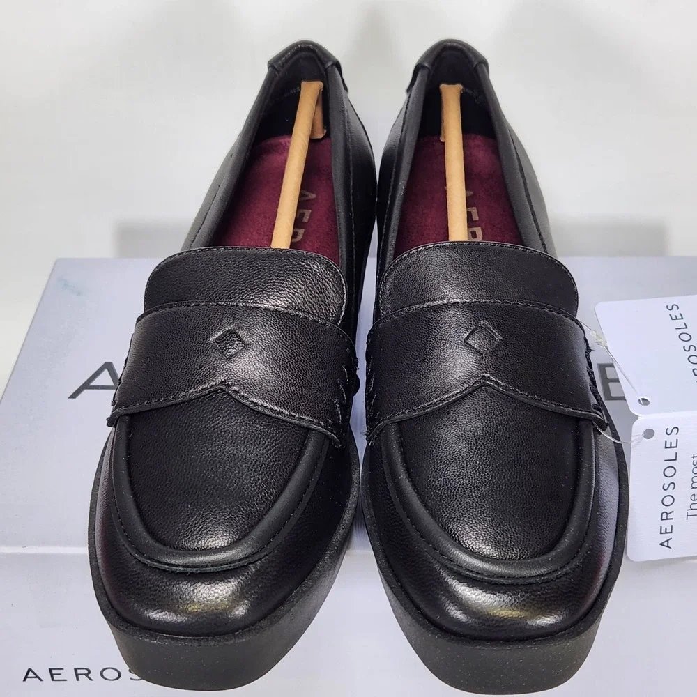 Aerosoles Cetara Platform Loafer Women Size 5 Black Leather Wedge Slip On